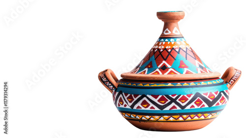 Traditional hand-painted Moroccan tagine showcasing vibrant patterns against a minimalist backdrop on transparent background