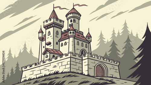 Majestic Medieval Castle Stands Guard in Misty Forest