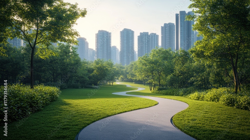 Lush green park winding path surrounded by towering city skyscrapers at dawn. Generative AI Lush green park winding path surrounded by towering city skyscrapers at dawn. Generative AI