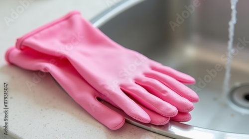 Pink cleaning gloves folded next to a sink with running water, representing preparation for dishwashing or cleaning in a clean, organized kitchen.