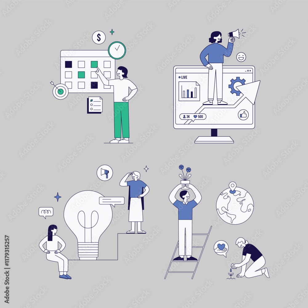 Clean lined the media team is engaged in a brainstorming sessions Clean lined the media team is engaged in a brainstorming sessions