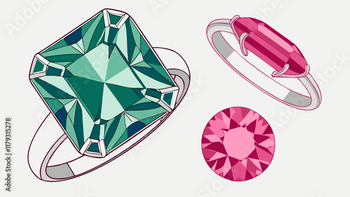 Elegant Gemstone Rings Featuring Teal and Pink Gems