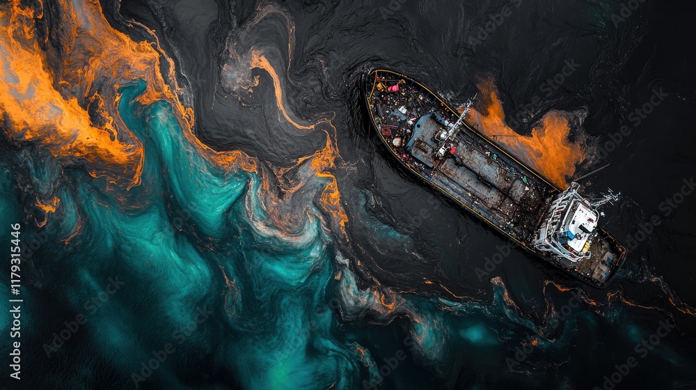 Obraz premium Aerial view of a derelict ship amidst swirling ocean pollution, showcasing environmental damage and the urgent need for conservation.