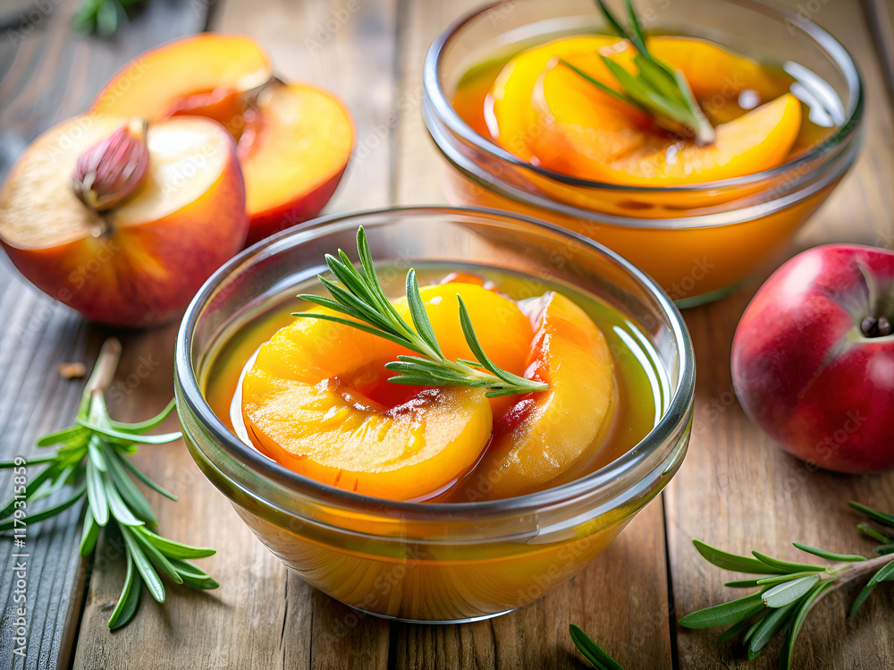 Rosemary-infused peach slices in a glass bowl. Rosemary-infused peach slices in a glass bowl.