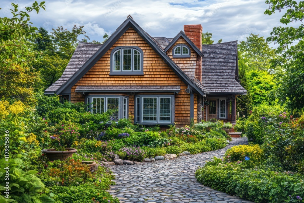 A Cape Cod-style house with cedar shingles, dormer windows, and a welcoming stone path A Cape Cod-style house with cedar shingles, dormer windows, and a welcoming stone path