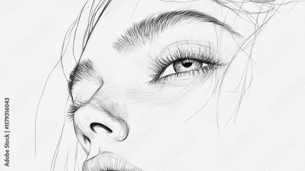 Obraz premium Close-up pencil sketch of a woman's face, eyes, nose, and lips, showcasing delicate lines and shading.