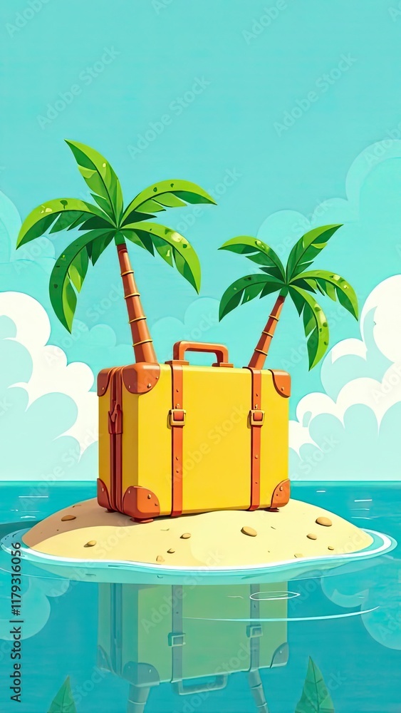 Obraz premium Giant yellow suitcase on an island of sand with palm trees, surrounded by the sea. Creative travel vacation concept. 3d effect