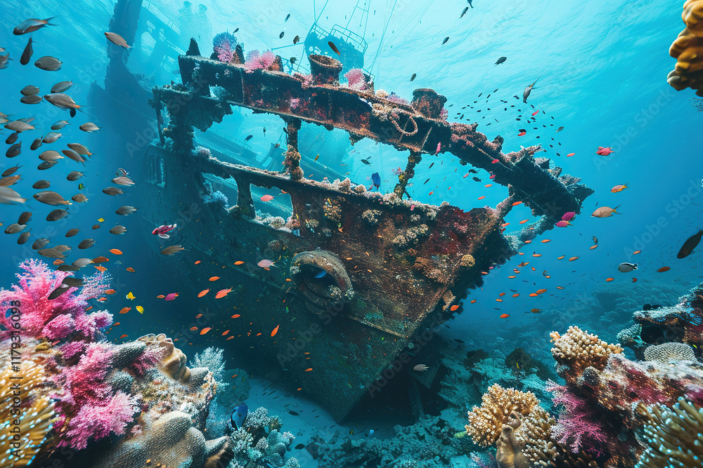 Fototapeta premium Underwater view of an old sunken ship on seabed with fish swimming around, abstract vivid composition consists of fictional unreal fantastic vision on background