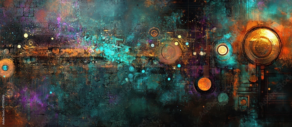 Obraz premium Abstract cosmic art with teal, orange, and purple hues, featuring metallic textures and circular elements.