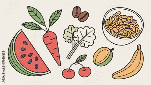 Colorful Illustration of Healthy Fruits and Vegetables