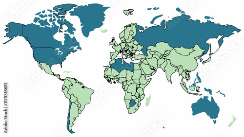 World Map with Differentiated Regions in Teal and Light Green