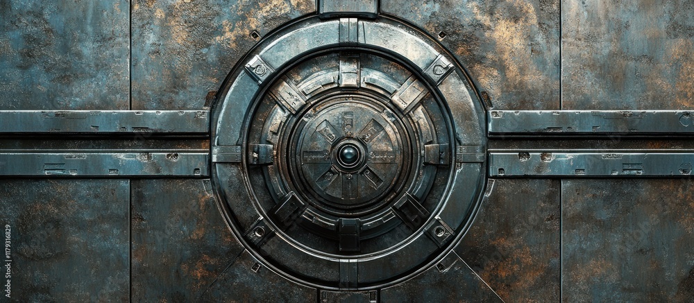 Fototapeta premium Metallic circular mechanism on a grunge textured steel plate.