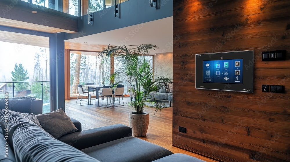 Fototapeta premium Modern smart home interior with touchscreen control panel on wood wall.