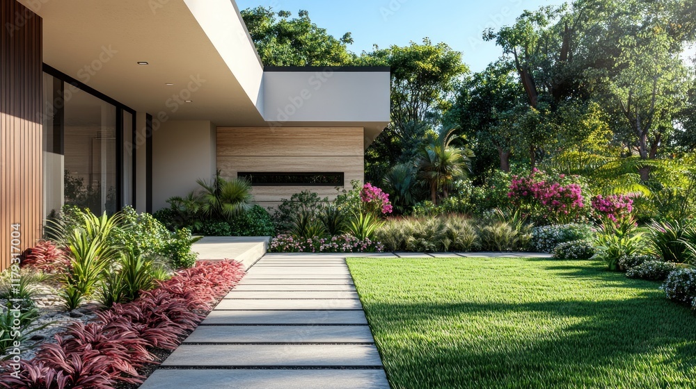 Fototapeta premium Modern house entrance with lush landscaping, walkway, and green lawn on sunny day.