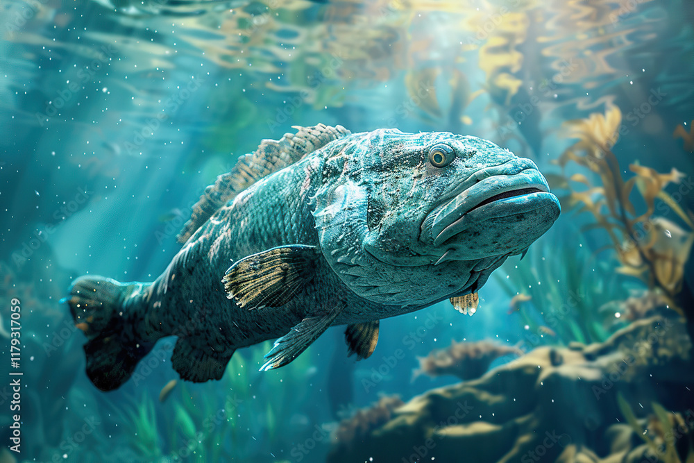 Fototapeta premium Terrifying scary sea monster in dark depths of deep blue ocean, abstract vivid composition consists of fictional unreal fantastic vision on background