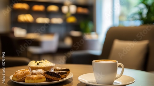 Wallpaper Mural A coffee cup beside a plate of pastries in a contemporary caf , reflecting the cozy, inviting atmosphere of a small business catering to food lovers. Torontodigital.ca