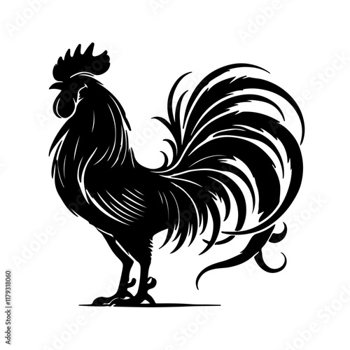 Silhouette of roster and hen on a white background