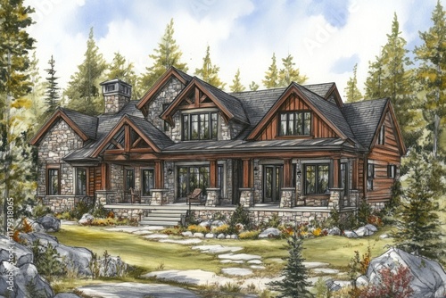 Luxurious stone and wood cabin nestled in a forest setting.