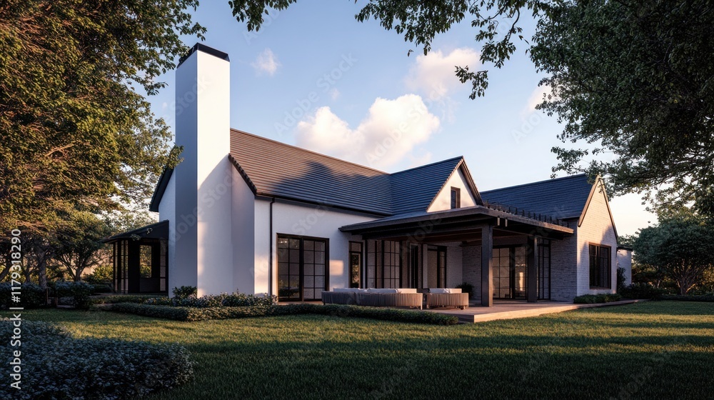 Modern farmhouse exterior, backyard patio, landscaping, sunset. Modern farmhouse exterior, backyard patio, landscaping, sunset.