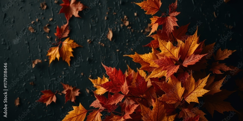 A dark textured background with vibrant orange autumn leaves scattered around, creating a rich and moody fall aesthetic. A dark textured background with vibrant orange autumn leaves scattered around, creating a rich and moody fall aesthetic.