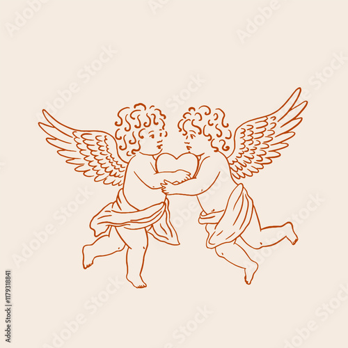 Two cherubs holding a heart. Vintage style.