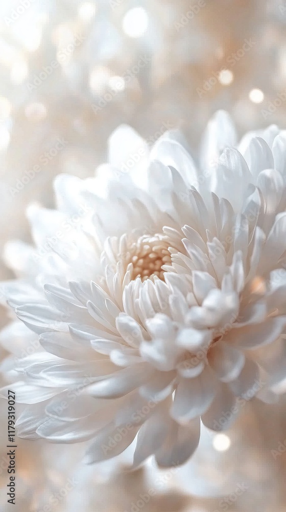 Close-up of a pristine white chrysanthemum blossom. Close-up of a pristine white chrysanthemum blossom.