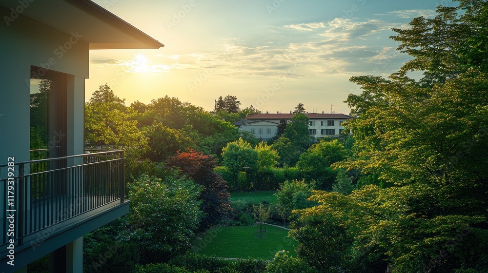 Sunset view from modern balcony overlooking lush green garden and residential area. Sunset view from modern balcony overlooking lush green garden and residential area.