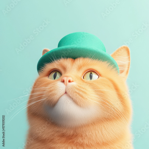 charming orange cat wearing green leprechaun hat against mint background photo