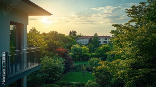 Wallpaper Mural Sunset view from modern balcony overlooking lush green garden and residential area. Torontodigital.ca