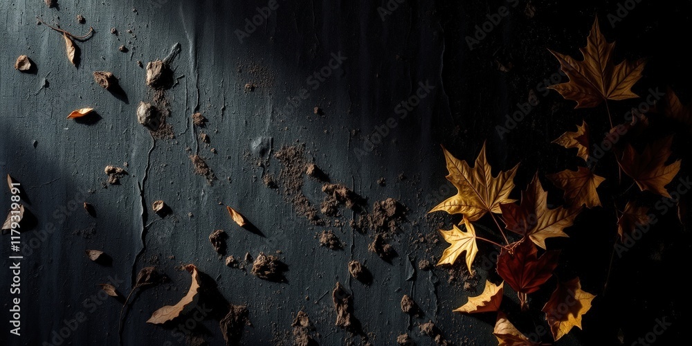 Obraz premium A dark textured background with vibrant orange autumn leaves scattered around, creating a rich and moody fall aesthetic.