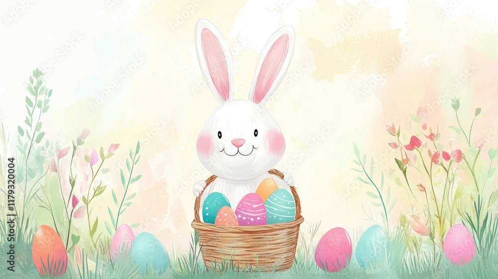A cheerful Easter banner featuring a bunny holding a basket of pastel eggs against a soft pastel backdrop. A cheerful Easter banner featuring a bunny holding a basket of pastel eggs against a soft pastel backdrop.