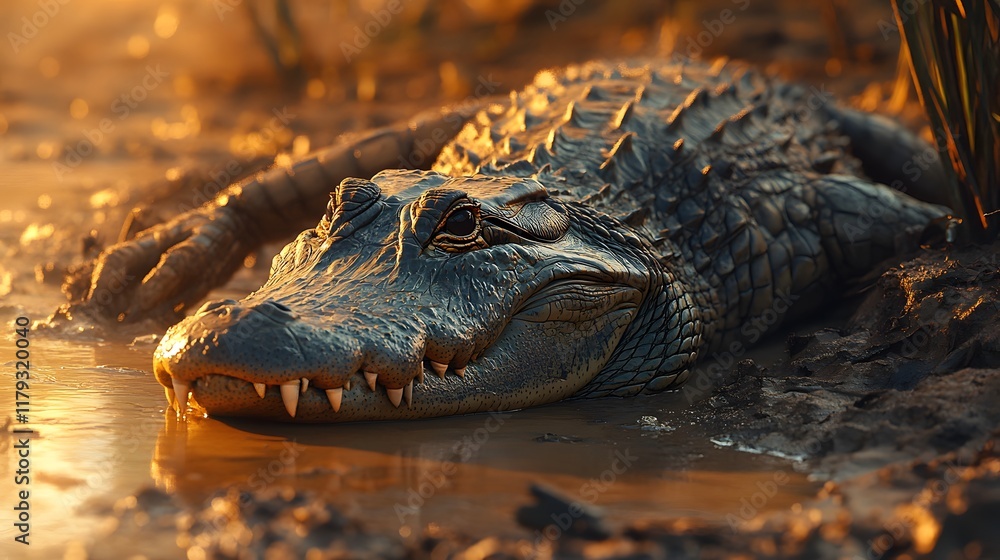 Naklejka premium Wildlife photo captures crocodile's side profile by riverbank, showing detailed scales and natural habitat with cinematic composition