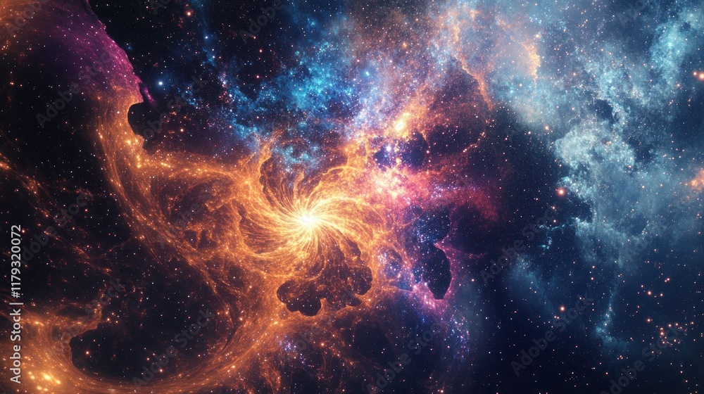 Naklejka premium Vibrant nebula with swirling cosmic dust and gas clouds in deep space.