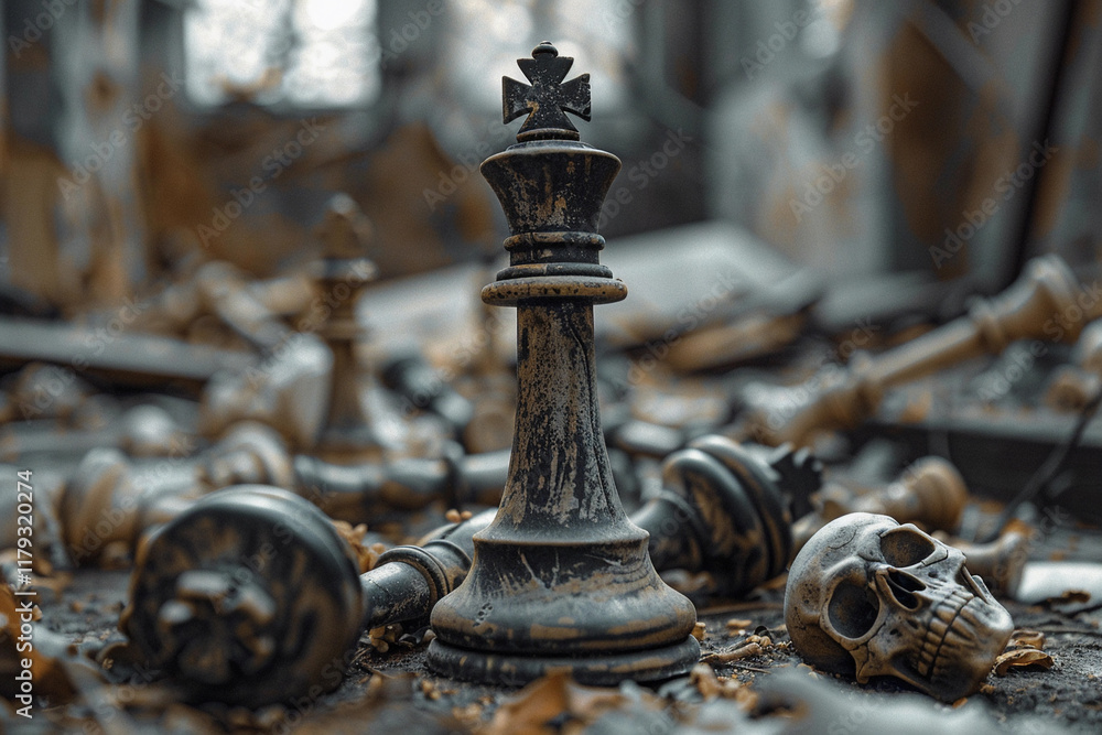 Obraz premium Chess piece standing on checkered game board during strategic game of chess, abstract vivid composition consists of fictional unreal fantastic vision on background