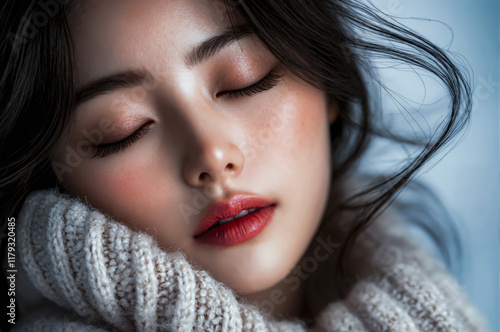 No filter portrait of stunning korean girl model with closed eyes, isolated background. Generative AI.
