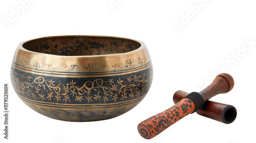 Ceremonial singing bowl with intricate designs and wooden mallet, ideal for meditation and relaxation in serene settings on transparent background