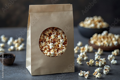 Eco-friendly packaging of popcorn in biodegradable paper bag with snacks on dark background photo