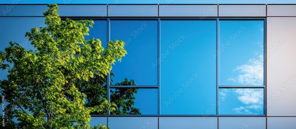 Modern building with large windows reflecting a blue sky and a green tree. Modern building with large windows reflecting a blue sky and a green tree.