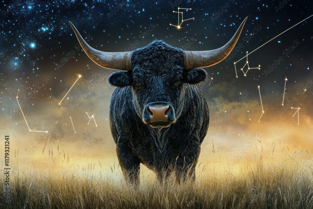 Naklejka premium Majestic black bull standing in a field under a starry night sky with Taurus constellation.