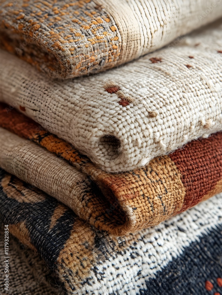 A close-up of hand-stitched patterns on thick linen fabric in earthy tones. A close-up of hand-stitched patterns on thick linen fabric in earthy tones.