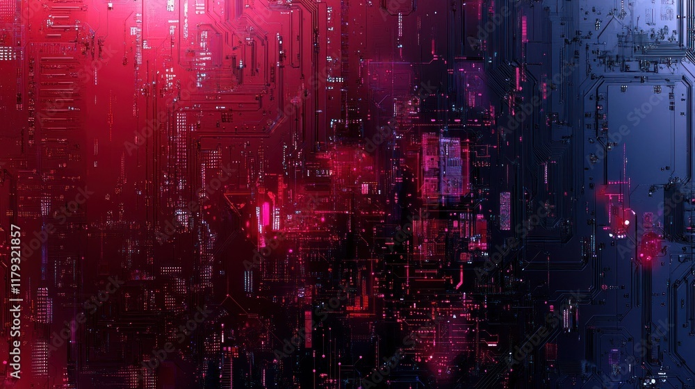 Obraz premium Abstract red and blue circuit board texture with glowing elements.