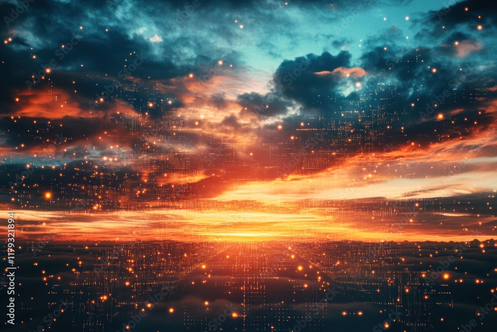 Fototapeta premium Vibrant sunset over a futuristic cityscape with glowing lights and dramatic clouds.