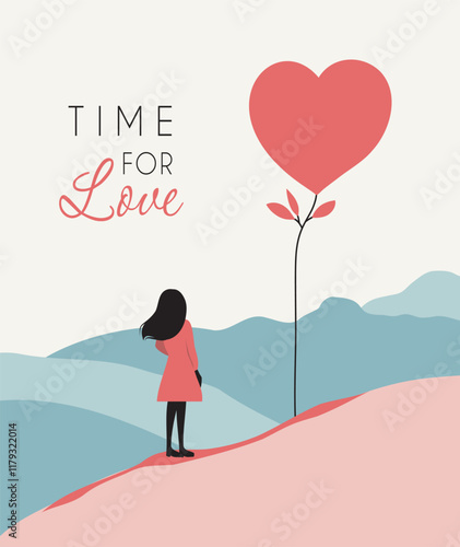 Time of love. Lonely girl on the background of a tree in the form of a heart, symbolizes love, self-acceptance, harmony and the search for love. Illustration for Valentine's Day, personal growth
