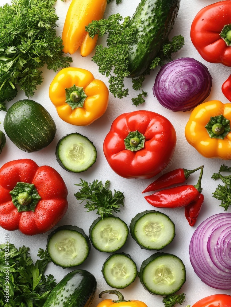 Vibrant flatlay showcasing fresh, colorful vegetables including bell peppers, cucumbers, zucchini, red onion, parsley, and chili peppers. Perfect for healthy eating, cooking, or food blogs.