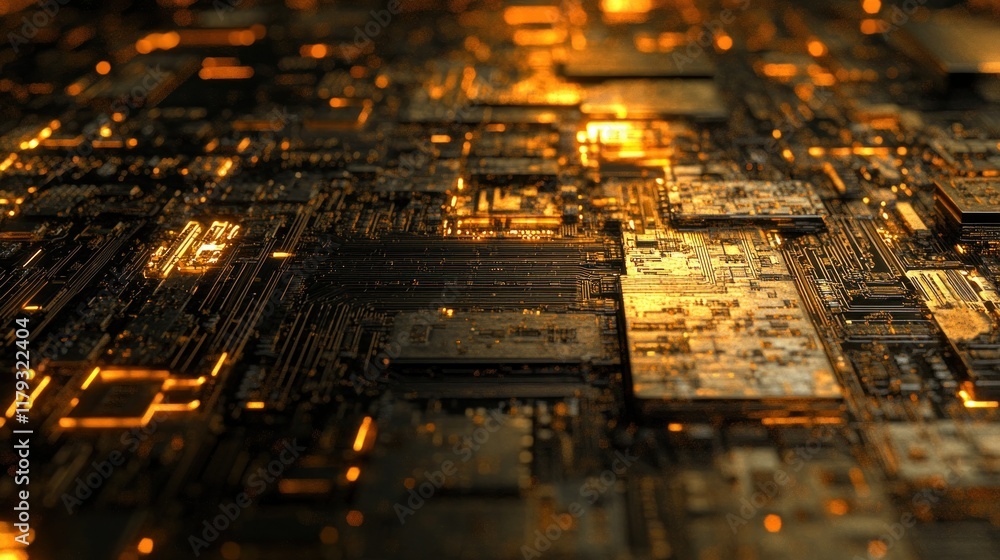 Abstract golden circuit board with glowing orange lines. Abstract golden circuit board with glowing orange lines.