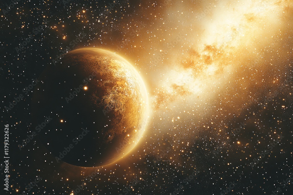 Golden exoplanet in a nebula, cosmic dust and stars. Golden exoplanet in a nebula, cosmic dust and stars.