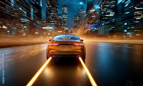 Futuristic car speeding on a glowing highway in a modern city at night.