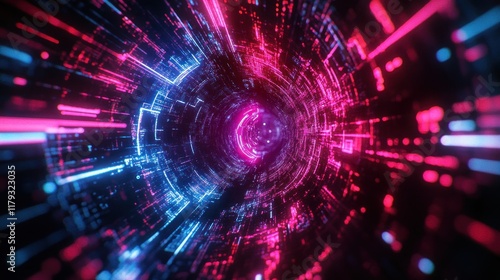 Wallpaper Mural Abstract futuristic tunnel with vibrant pink and blue neon lights, glowing energy streaks, and digital elements. Torontodigital.ca
