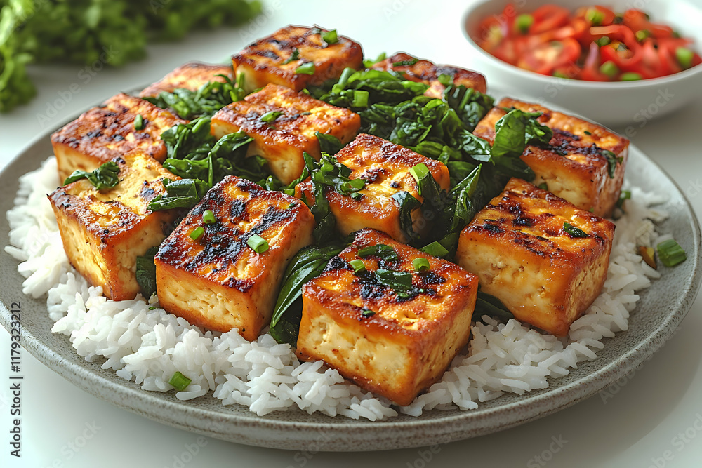 Pan-fried tofu cubes served with spinach and rice. Pan-fried tofu cubes served with spinach and rice.