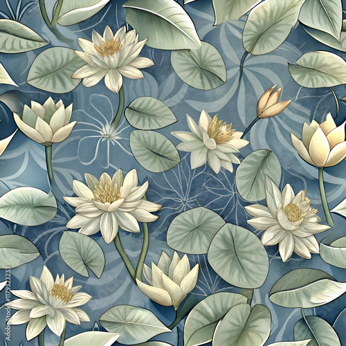 A seamless pattern of white water lilies and green leaves on a blue background.